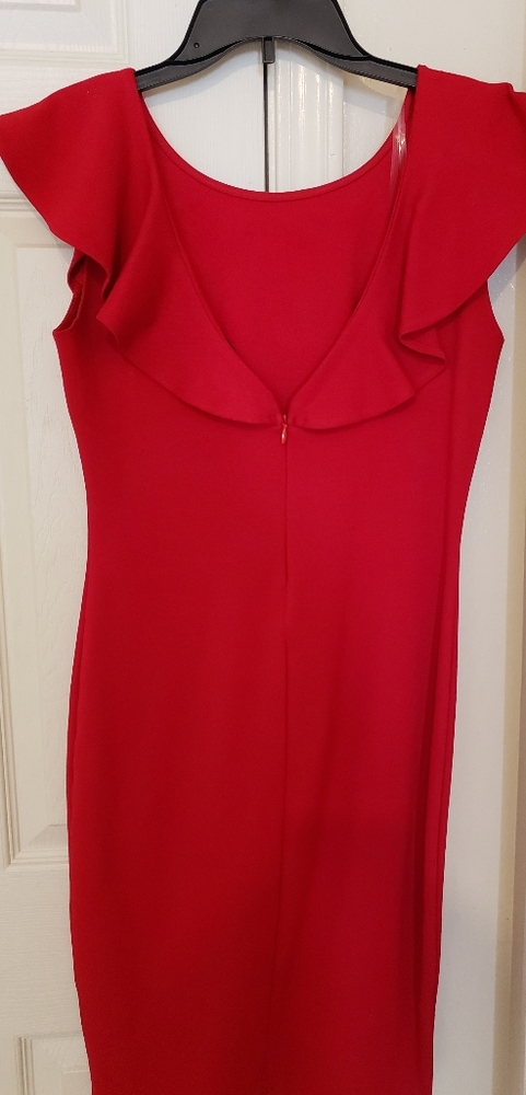 Red form fitting dress scalloped slives open back